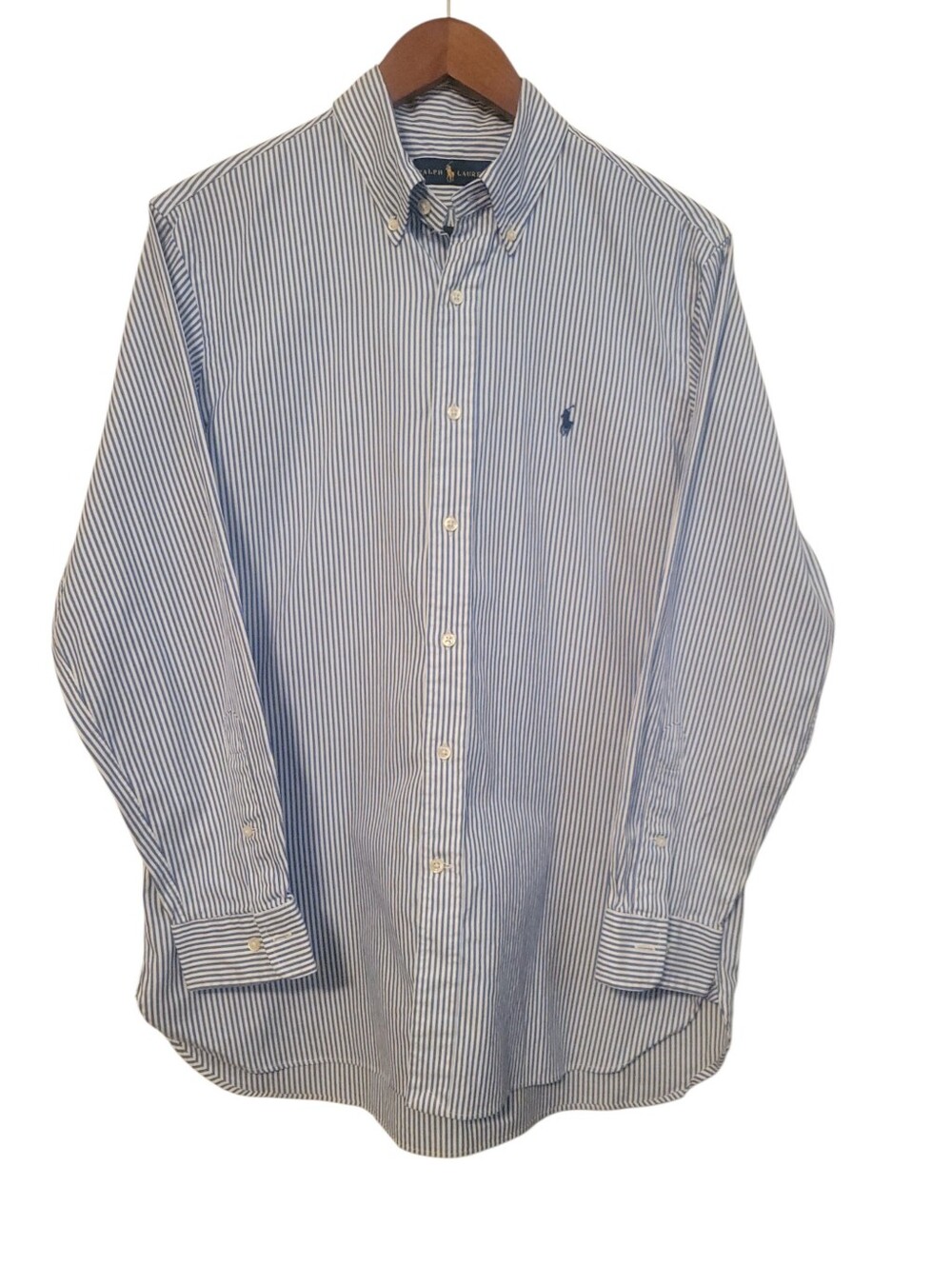 Ralph Lauren Blue White Striped Oxford Button Down Shirt Pony Logo Size 16 32/33